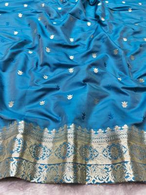 navy blue zari woven banarasi silk blend traditional saree with blouse piece 4