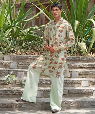 Mint green embroidered silk blend kurta set 3