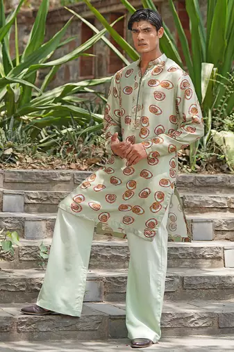 Mint green embroidered silk blend kurta set