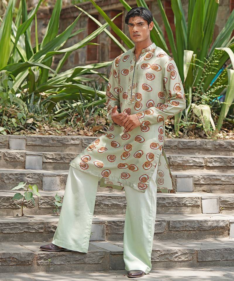 Mint green embroidered silk blend kurta set