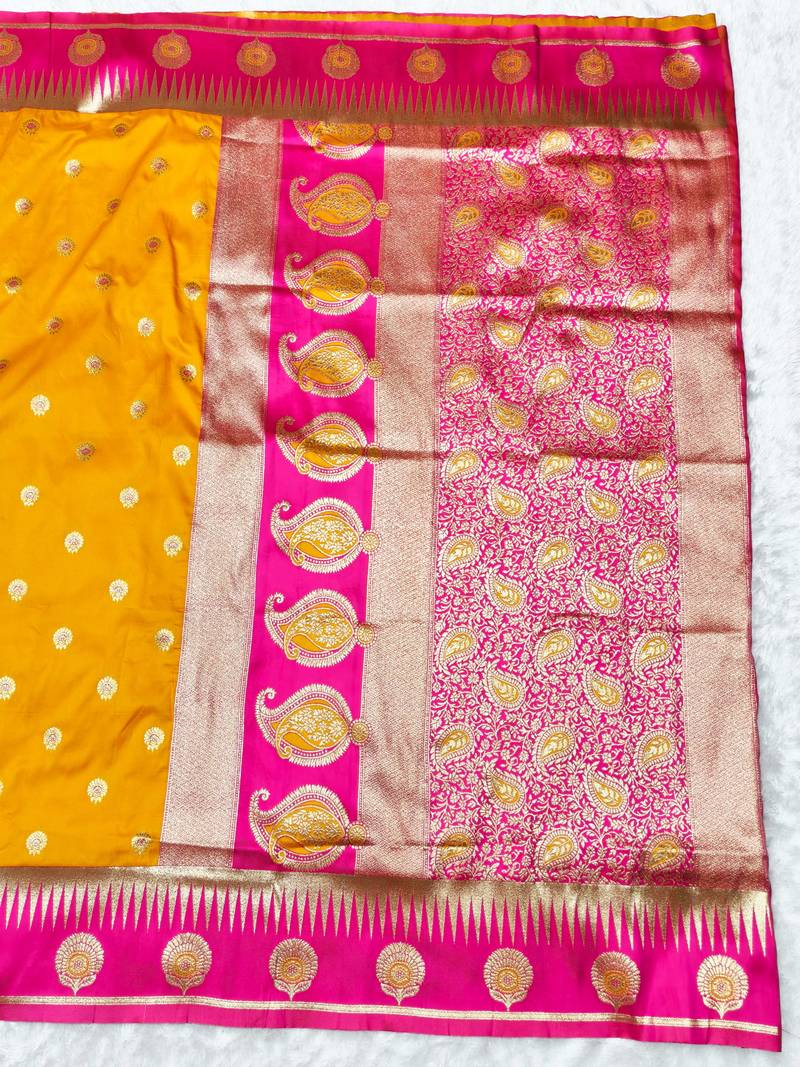 yellow zari woven banarasi silk blend traditional saree with blouse piece