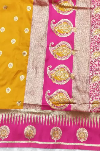 yellow zari woven banarasi silk blend traditional saree with blouse piece