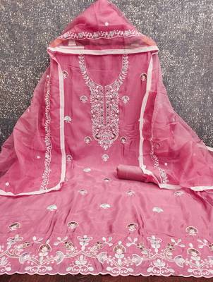 pink embroidered glaze cotton unstitched dress material  2