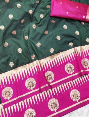 green zari woven banarasi silk blend traditional saree with blouse piece 3