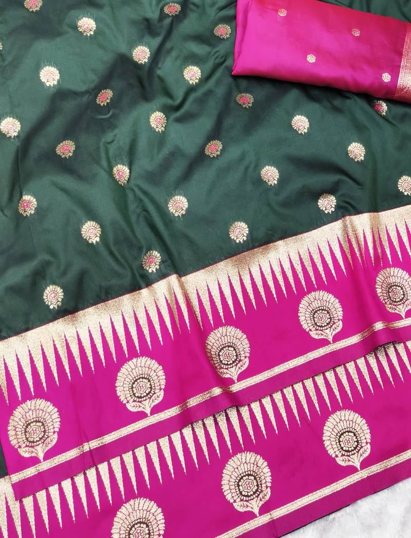 green zari woven banarasi silk blend traditional saree with blouse piece