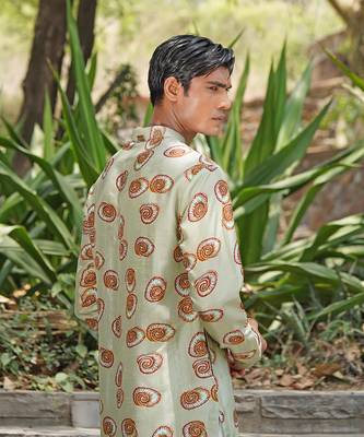 Mint green embroidered silk blend kurta set 4