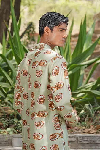 Mint green embroidered silk blend kurta set