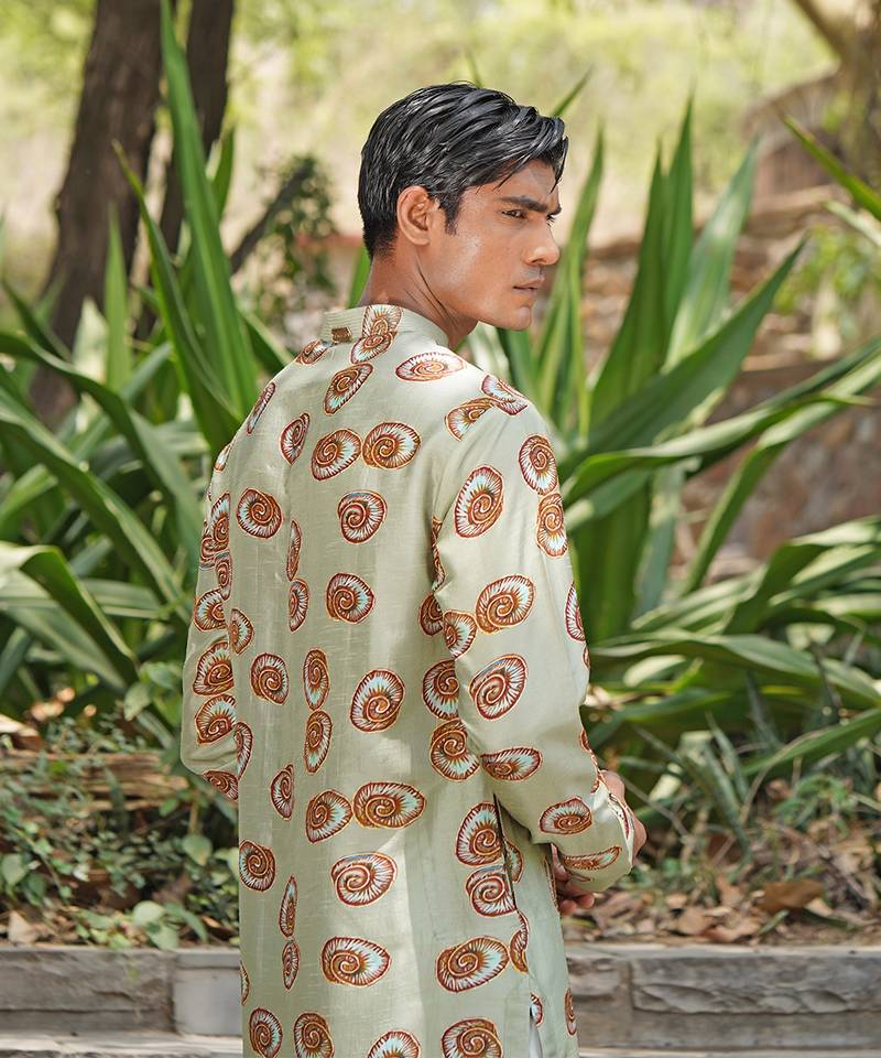 Mint green embroidered silk blend kurta set