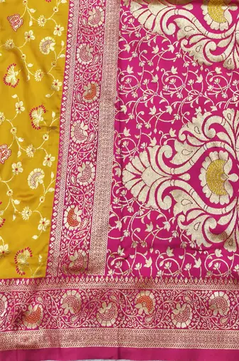 yellow zari woven banarasi silk blend traditional saree with blouse piece