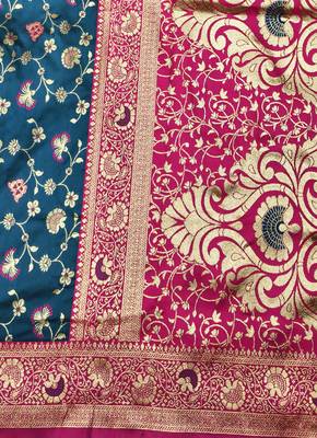 navy blue zari woven banarasi silk blend traditional saree with blouse piece 5