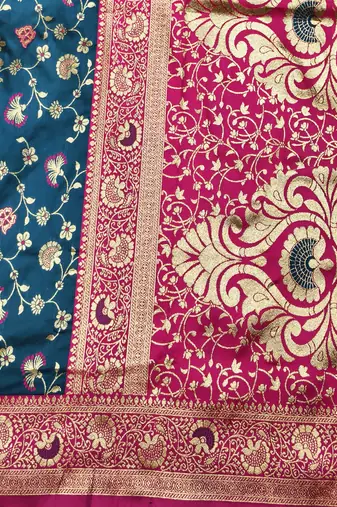 navy blue zari woven banarasi silk blend traditional saree with blouse piece
