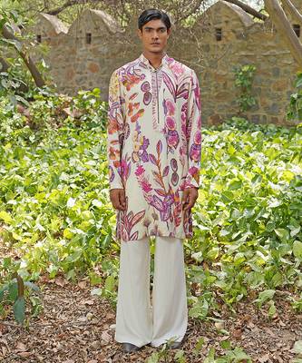 Off white embroidered cotton silk kurta set 1