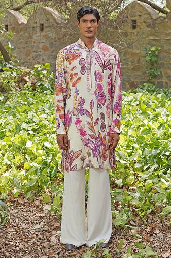 Off white embroidered cotton silk kurta set