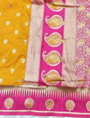yellow zari woven banarasi silk blend traditional saree with blouse piece 3