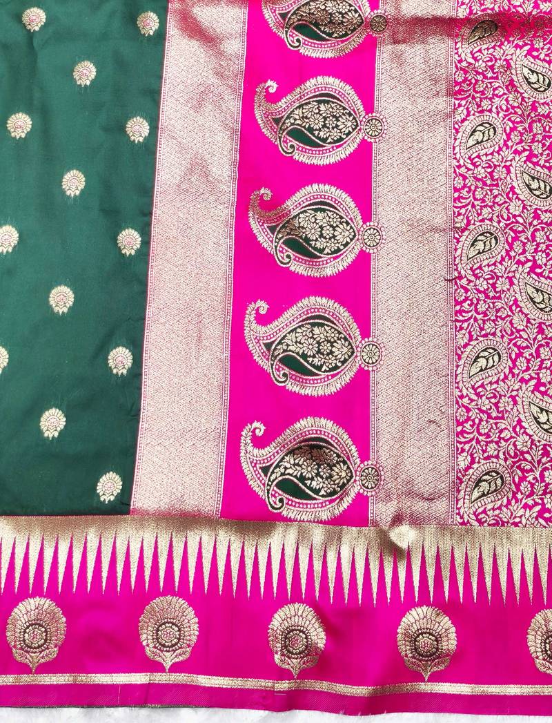 green zari woven banarasi silk blend traditional saree with blouse piece