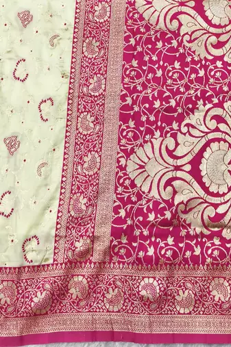 cream zari woven banarasi silk blend traditional saree with blouse piece