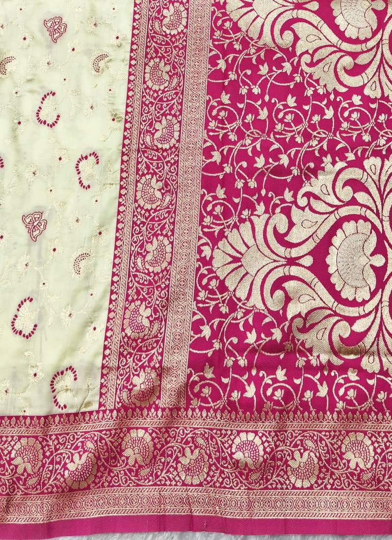 cream zari woven banarasi silk blend traditional saree with blouse piece