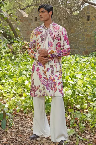 Off white embroidered cotton silk kurta set
