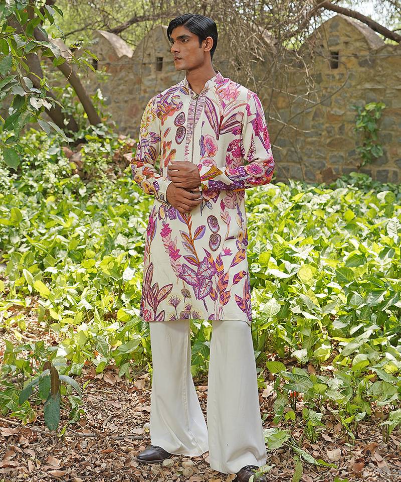 Off white embroidered cotton silk kurta set