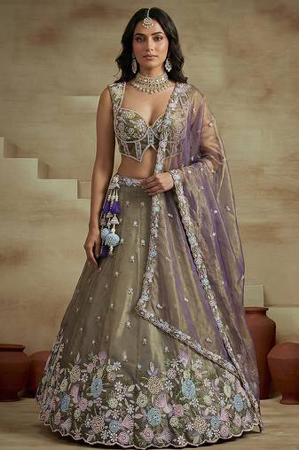 Women's Shade of Purple Tissue Moti with Embroidered Lehenga Choli with Dupatta