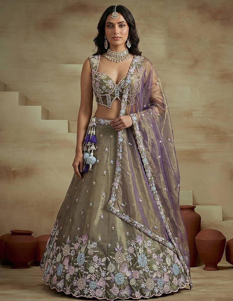 Women's Shade of Purple Tissue Moti with Embroidered Lehenga Choli with Dupatta