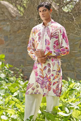 Off white embroidered cotton silk kurta set
