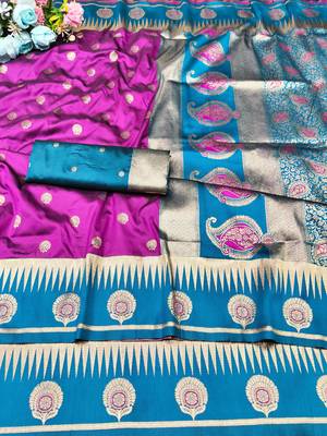purple zari woven banarasi silk blend traditional saree with blouse piece 1