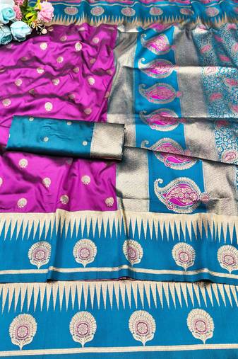 purple zari woven banarasi silk blend traditional saree with blouse piece