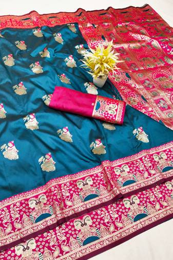 purpel zari woven baluchari silk blend traditional saree with blouse piece