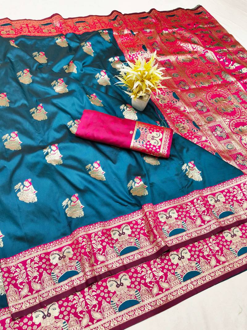 purpel zari woven baluchari silk blend traditional saree with blouse piece