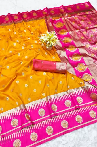 yellow zari woven banarasi silk blend traditional saree with blouse piece