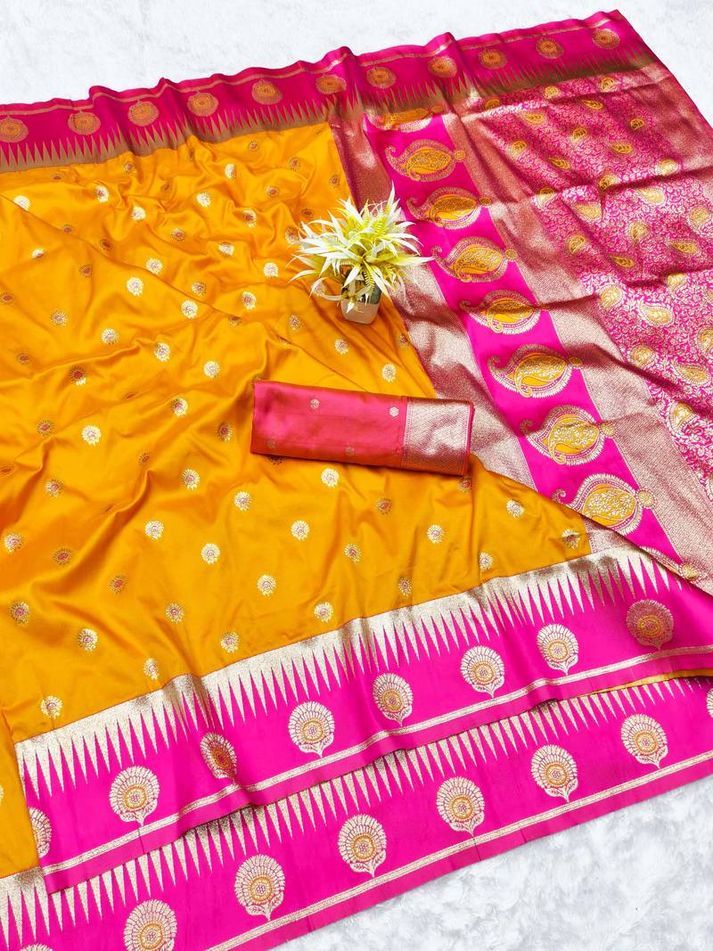 yellow zari woven banarasi silk blend traditional saree with blouse piece