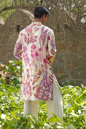 Off white embroidered cotton silk kurta set