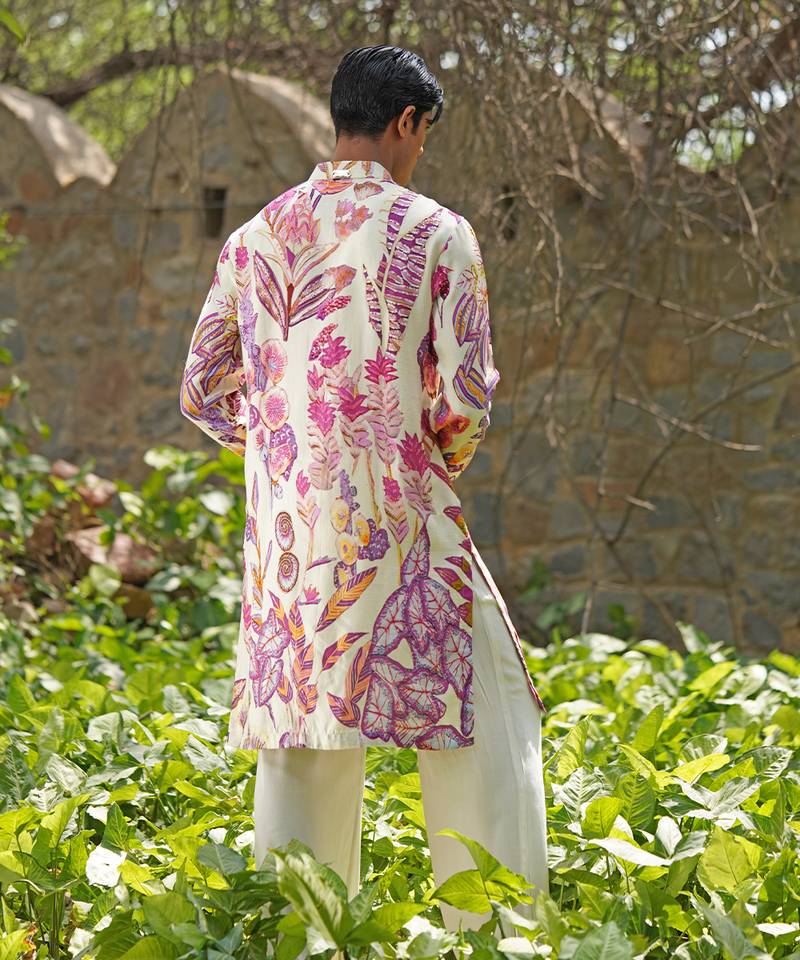 Off white embroidered cotton silk kurta set