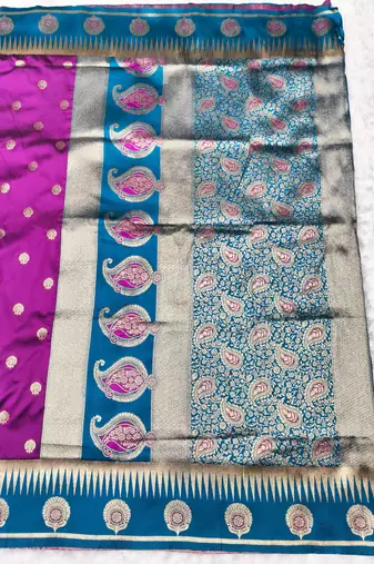 purple zari woven banarasi silk blend traditional saree with blouse piece