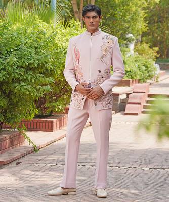 Blush pink embroidered silk blend jacket set 1