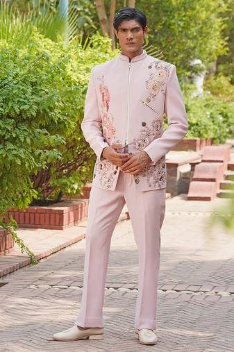 Blush pink embroidered silk blend jacket set