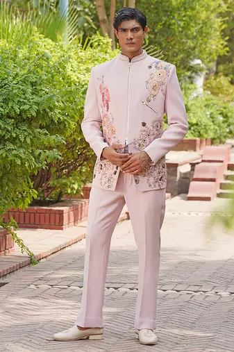 Blush pink embroidered silk blend jacket set