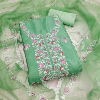 sea green embroidered glaze cotton unstitched dress material  1