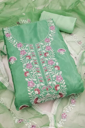 sea green embroidered glaze cotton unstitched dress material 