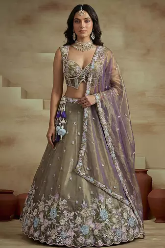 Women's Mustard Tissue Moti with Embroidered Lehenga Choli with Dupatta