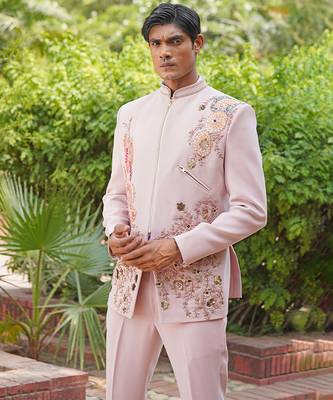 Blush pink embroidered silk blend jacket set 2