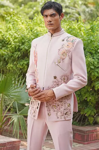 Blush pink embroidered silk blend jacket set