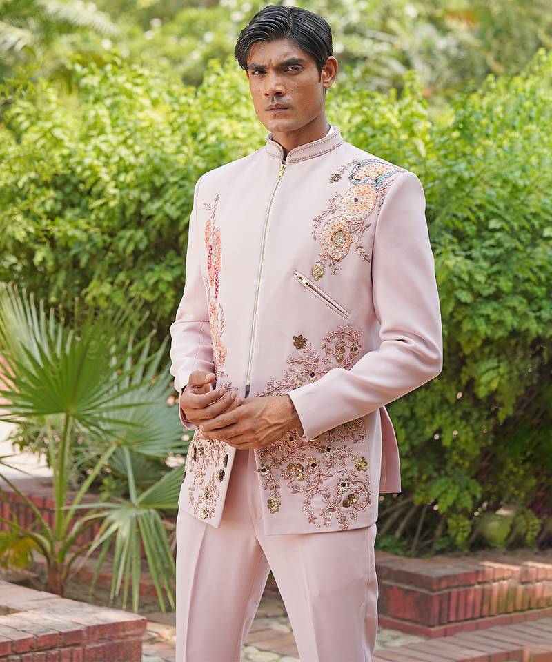 Blush pink embroidered silk blend jacket set