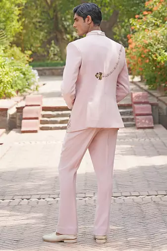 Blush pink embroidered silk blend jacket set