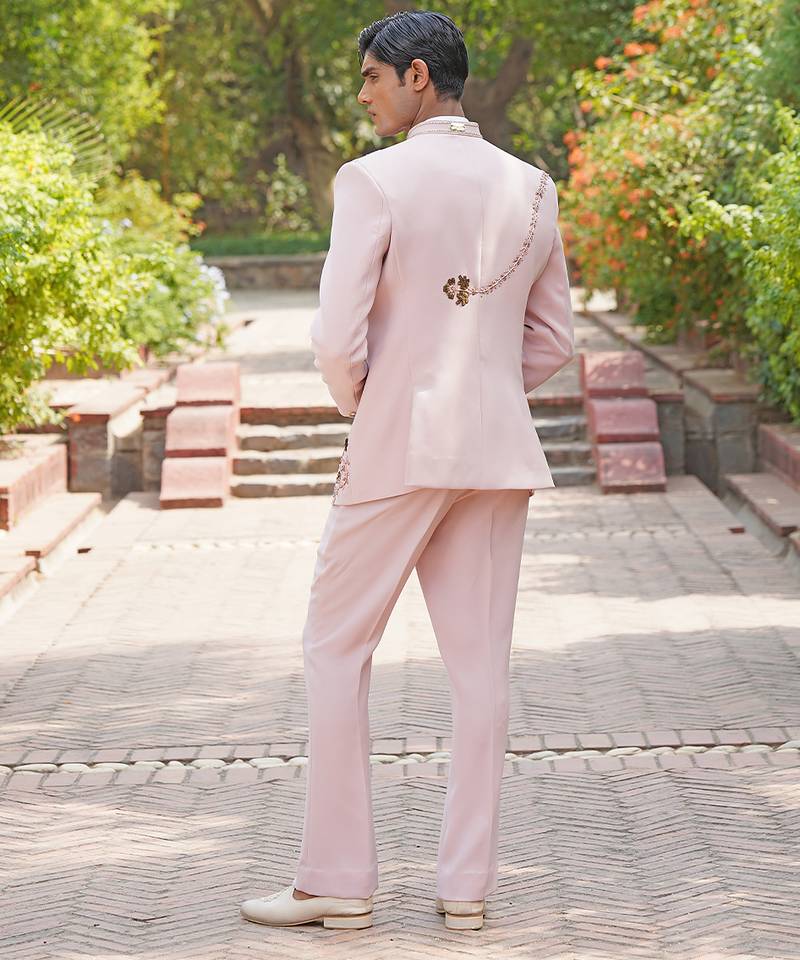 Blush pink embroidered silk blend jacket set