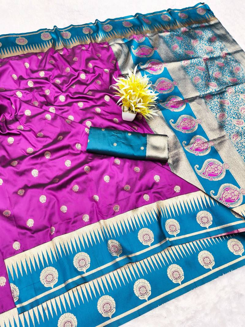 purple zari woven banarasi silk blend traditional saree with blouse piece