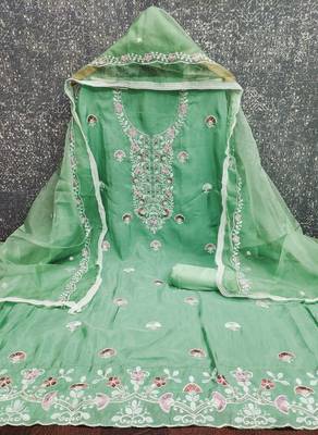 sea green embroidered glaze cotton unstitched dress material  2