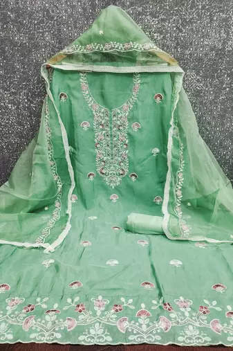sea green embroidered glaze cotton unstitched dress material 