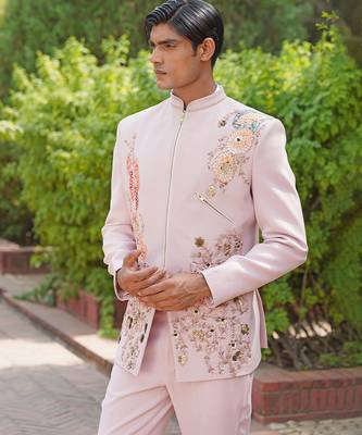 Blush pink embroidered silk blend jacket set 4